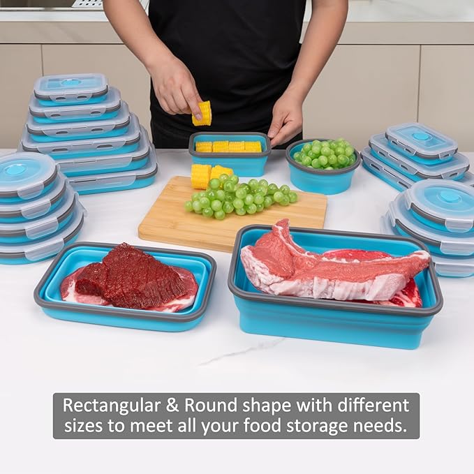 Collapsible Food Storage Containers with Lids 20 Pack(81oz/58oz Extra Large Included), 12 Rectangular+8 Round, Annaklin Silicone Collapsible Food Containers Sets Microwave Freezer Dishwasher Safe Blue