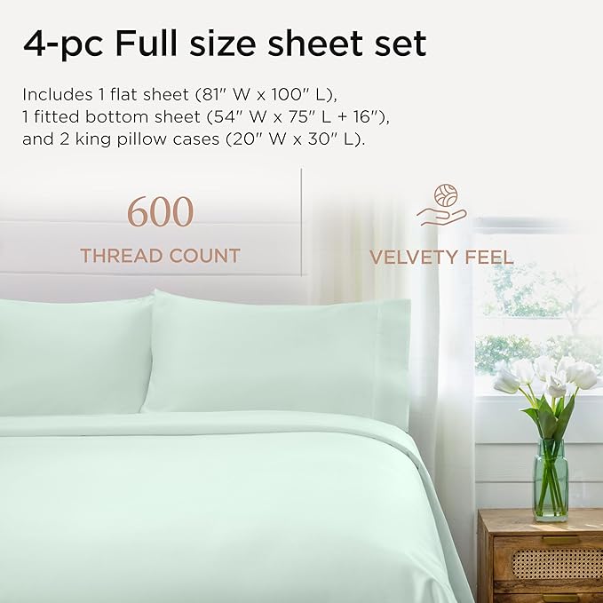 Threadmill Full Size Sheets | 600 Thread Count Bed Sheets Set with 16” Deep Pocket for Full Size Mattress | Sateen Weave 4-Piece Bedding Set with Cooling Effect | Seaglass