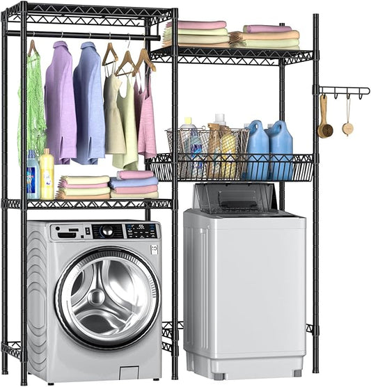 Over Washer and Dryer Shelves,Laundry Room Storage Organization Clothes Drying Rack,4 Tier Adjustable Height Wire Shelving with Wire Basket,Hanger Rod&Hook,Space Saving Shelf