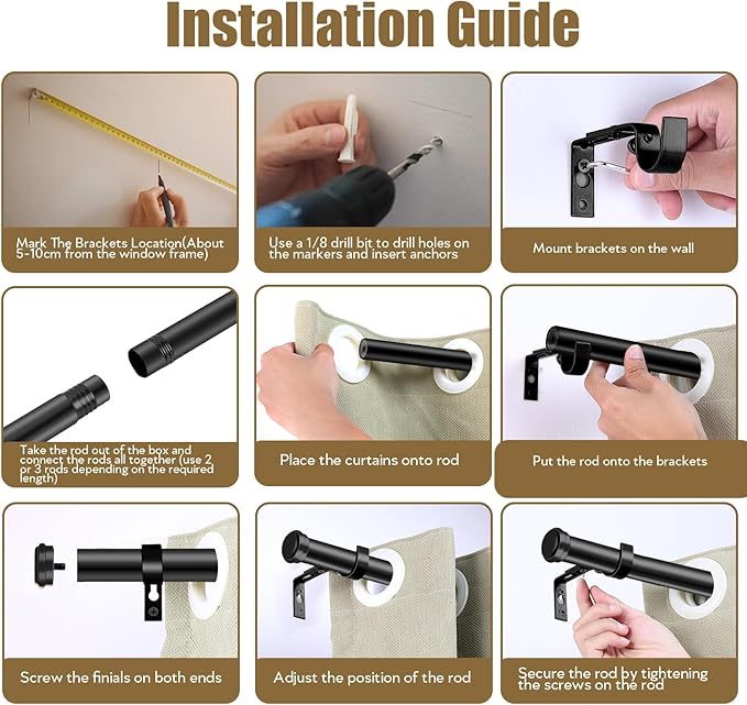 "Black Wrap Around Industrial Curtain Rod, 32-72Inches Adjustable, 1-Inch Diameter, Black - Indoor and Outdoor Use"