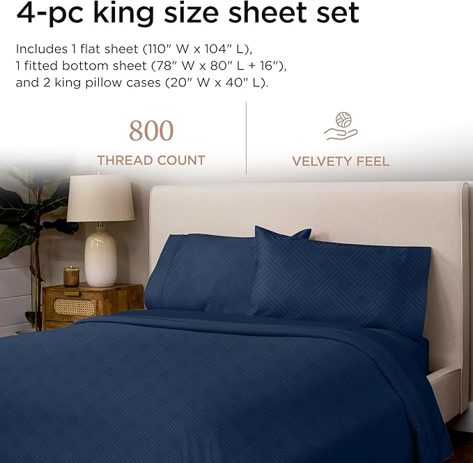Threadmill King Size Sheets for King Mattress | 800 Thread Count Jacquard Folkstone Blue | Better Than Egyptian Cotton | 4 Pc Bed Sheets | Damask Sheets Fits 16'' Deep Pocket | 100% Cotton Sheet