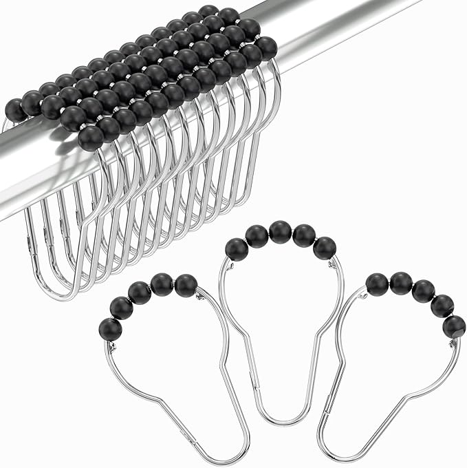 Amazer Black Shower Curtain Hooks, Decorative Rust Proof Acrylic Balls Shower Curtain Hooks, Stainless Steel Shower Hooks for Shower Curtain Bathroom Shower Hooks-Set of 12