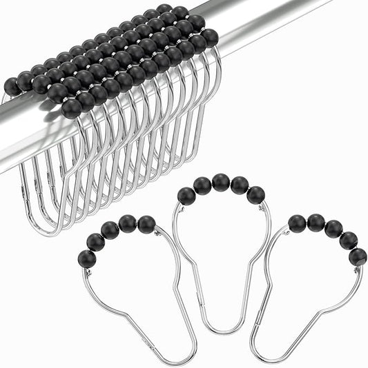 Amazer Black Shower Curtain Hooks, Decorative Rust Proof Acrylic Balls Shower Curtain Hooks, Stainless Steel Shower Hooks for Shower Curtain Bathroom Shower Hooks-Set of 12