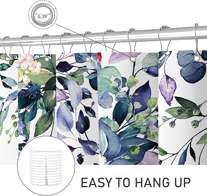 Extra Long Eucalyptus Shower Curtain 72 x 96 Inch, Green Botanical Floor to Ceiling X-Long Shower Curtain, Watercolor Plant Leaves with Floral Decorative Bathroom Curtain with Hooks