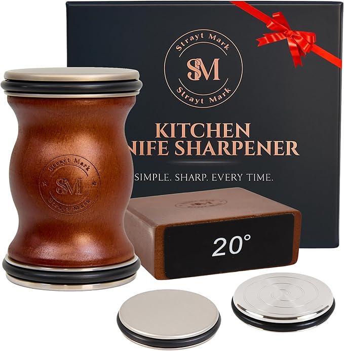 Rolling Knife Sharpener Kit – Premium Walnut Wood Kitchen Knife Sharpener for 15° & 20° Edge - Magnetic Knife sharpener with Diamond & Stainless Disc #1000/#3000