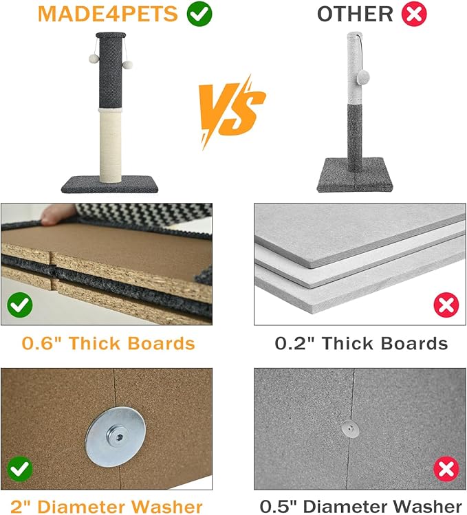 Made4Pets Tall Cat Scratching Post, Heavy Duty and Thicker Scratching Posts for Indoor Cats Adults, 23.6" Natural Sisal Cat Scratcher with Hanging Balls, Sturdy Base Cat Scratch Post, Beige