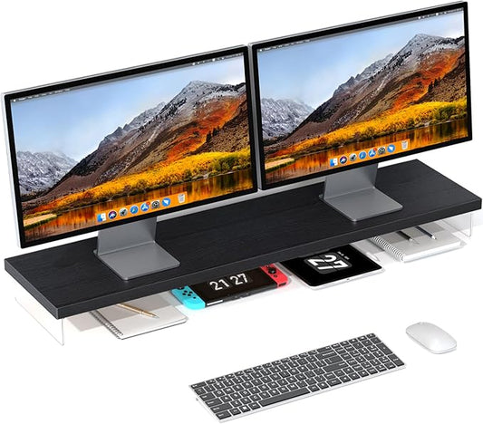 Dual Monitor Stand Riser, 40" Large Computer Monitor Stands for 2 Monitors, Wooden Desktop Organizer Shelf for Office Desk Computer, Laptop, TV, Monitor, Printer