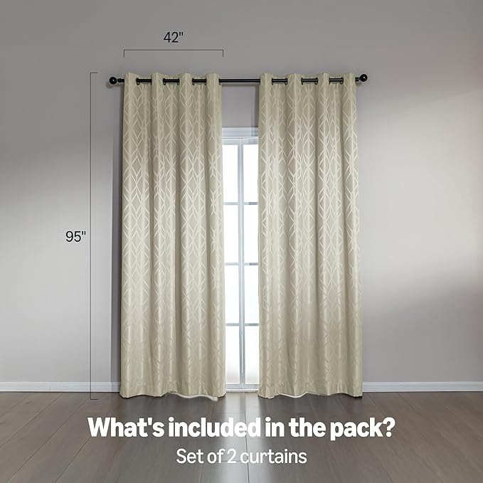 Amazon Basics Jacquard 2-Piece 100% Blackout Curtains, Living Room and Bedroom Drapes, Thermal Insulated Window Treatment, 42"x95", Beige