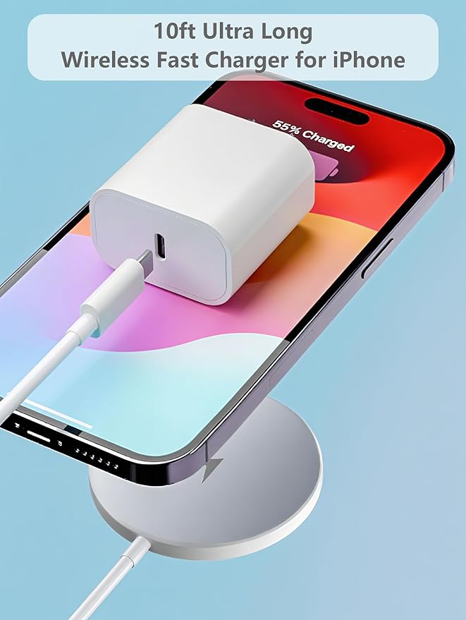 Wireless Charger iPhone Fast Charging for iPhone 17/16e/15/14/13/12/11/AirPods, Apple MagSafe Charger Long Cable 10ft Magnetic Pad & Type-c Block Wireless Phone Chargers, 2Set