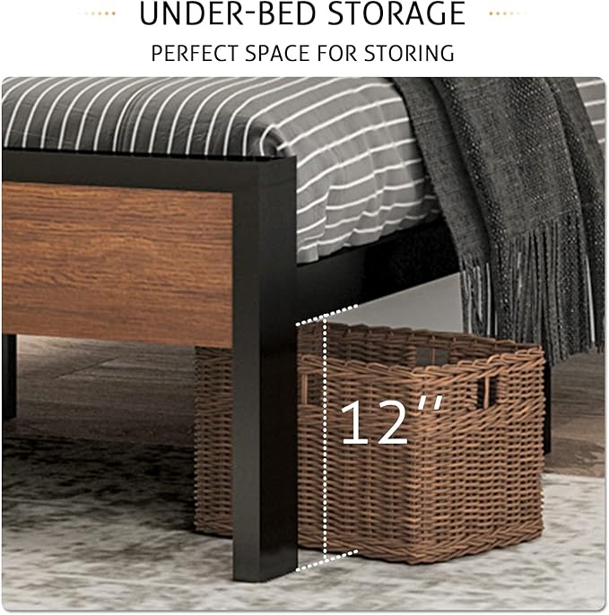 SHA CERLIN 14 Inch Full Size Metal Platform Bed Frame with Wooden Headboard and Footboard, Mattress Foundation, No Box Spring Needed, Large Under Bed Storage, Non-Slip Without Noise, Walnut