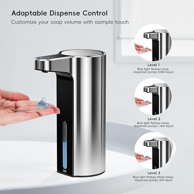 EKO Aroma 9 fl oz Automatic Liquid Soap Dispenser, Rechargeable & Water-Resistant for Kitchen and Bathroom with Adjustable Soap Dispensing Volume Control (Chrome Metallic)