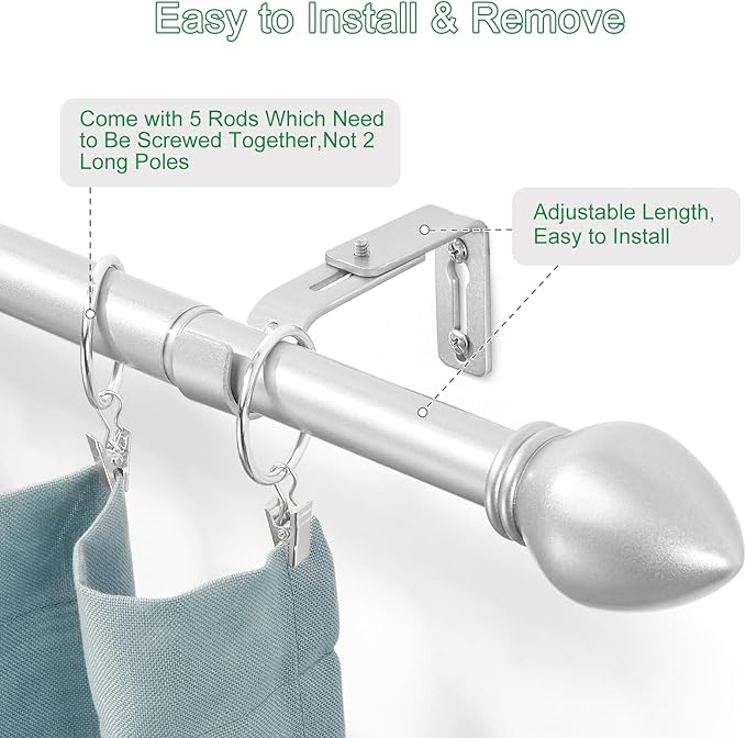 Curtain Rods for Windows 16 to 76 inches, Curtain Rod Max Adjustable Length to 88 in, Drapery Rod 1 inch Diameter with Modern Knobs Finials (Satin Silver, 16" to 76" - Set of 1)