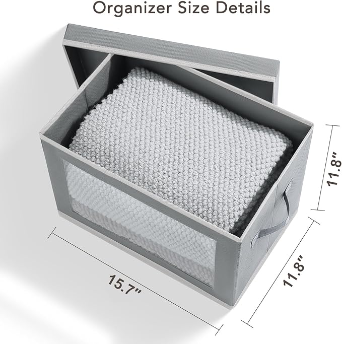 Large Storage Bins with Lids - Stackable Cube Bins for Closet, 4 Pack Clear Windows Fabric Organizer Bins, Home Organizers and Storage for Clothes, CD, Towels, Grey