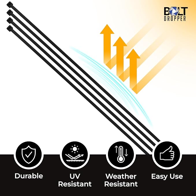 Bolt Dropper 11" Black Cable Ties, 1000 Pack, 50 lbs Tensile Strength - Heavy Duty Zip Ties, Self-Locking Premium Nylon Tie Wraps for Indoor and Outdoor Cable Management (Black)