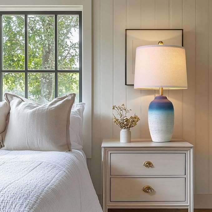 24.5" Vintage Ceramic Table Lamp - Single Farmhouse Rustic Bedside Lamp with Natural Textured Finish, Nightstand Lamps for Living Room, Bedroom, End Table, Office White and Blue