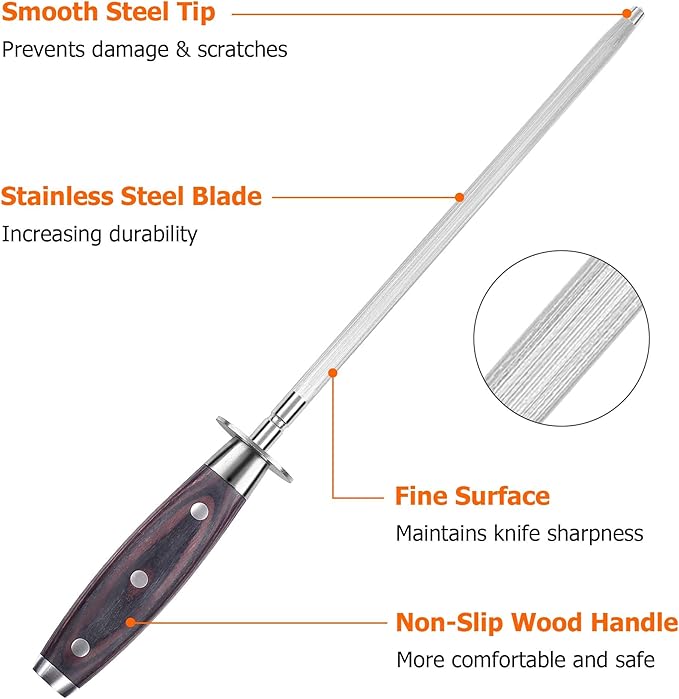 PAUDIN 10 Inch Honing Steel, Knife Sharpening Steel, Professional Carbon Steel Knife Sharpener Rod for Kitchen Knives