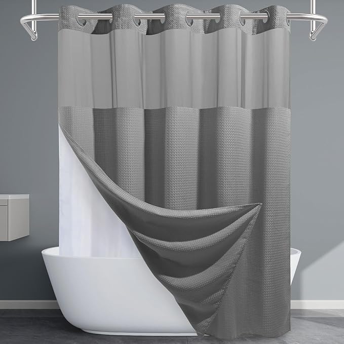 Long No Hook Shower Curtain with Snap in Liner,230GSM Waffle Weave Shower Curtains for Bathroom,71W x 77H(75"),Grey