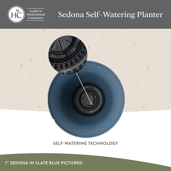 The HC Companies 7 Inch Sedona Round Self Watering Planter Pots, Lightweight UV-Resistant Plastic Outdoor Planters, 4-Pack Flower Pots for Garden & Home Decor, Seafoam