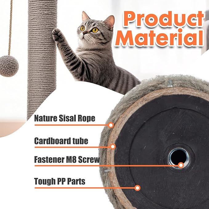 PowerKing Natural Sisal Replacement Scratching Post, 15.7'' 2 Pieces M8 Cat Scratch Post Refill Pole Parts for Refurbishment, Include Screws (Grey)
