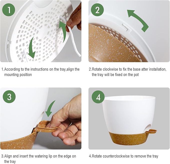 12 inch Large Self Watering Pots, Plastic Planters with 60oZ Removable Deep Reservoir and Multi Mesh Drainage Holes for Indoor Outdoor Garden Plants and Flowers, White with Brown