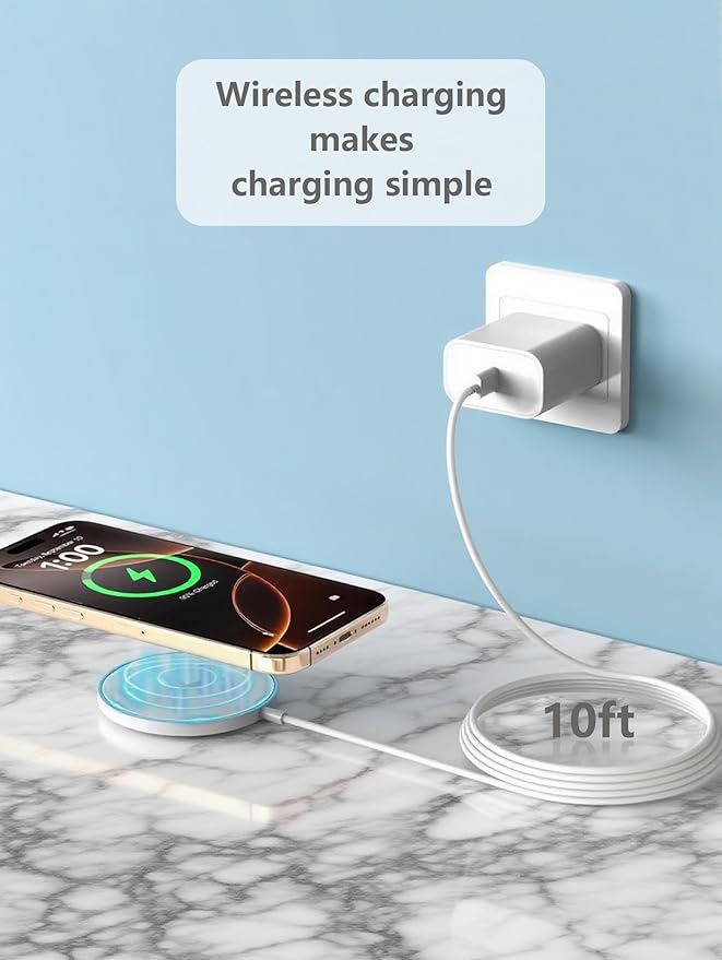 Wireless Charger iPhone Fast Charging for iPhone 17/16e/15/14/13/12/11/AirPods, Apple MagSafe Charger Long Cable 10ft Magnetic Pad & Type-c Block Wireless Phone Chargers, 2Set