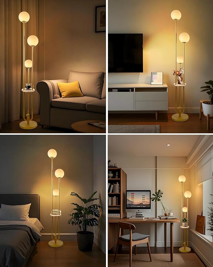 Lightdot LED Floor Lamp Dimmable Gold Globe Floor Lamps with Shelf Mid Century Modern Standing Lamp for Bedroom Living Room Home Office-Candle Holder Style Soft Eye-Caring