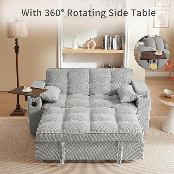 65'' Convertible Sleeper Sofa Bed with Adjustable Backrest, Chaise Lounge, Side Table & USB/Type-C Ports – Stylish & Functional Addition to Any Living Room (Fashion Light Grey)