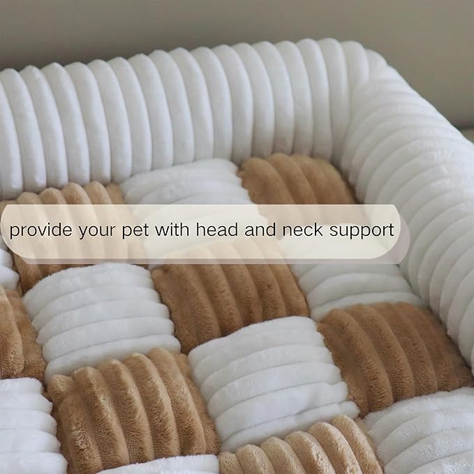 Couch Covers for Dogs and Cats, Fuzzy Dog Sofa bed with Cream Square Plaid, Plush Pet Couch Cover Bed, Thickened Quilted Furniture Protector Mat for Large Medium Pets (Light Brown 35.43"*35.43")