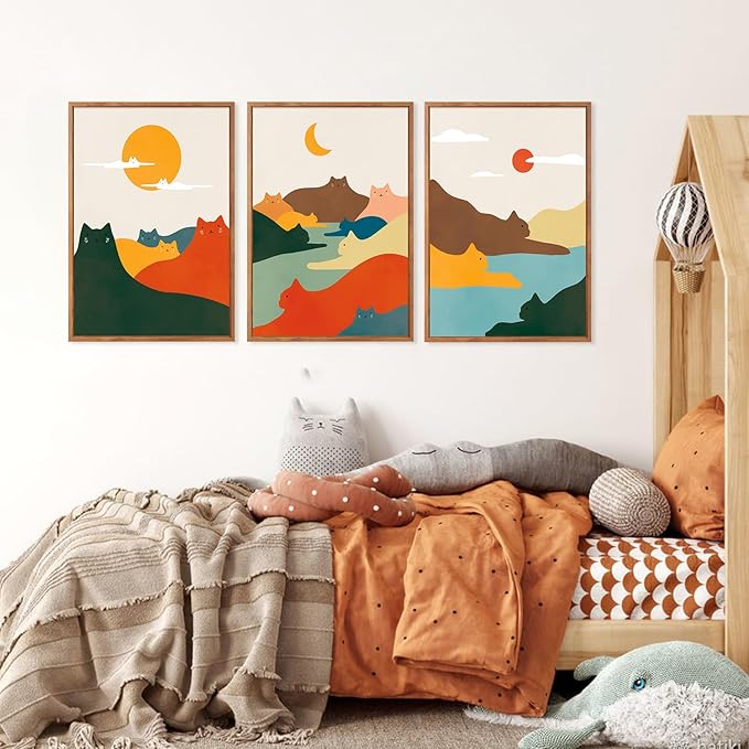 CHDITB Mountain Cats Framed Canvas Wall Art Set Of 3, Abstract Line Nature Landscape Wall Decor, Neutral Animal Wall Painting, Midcentury Modern Art Prints For Cat Lovers Living Room Decor-12 X16