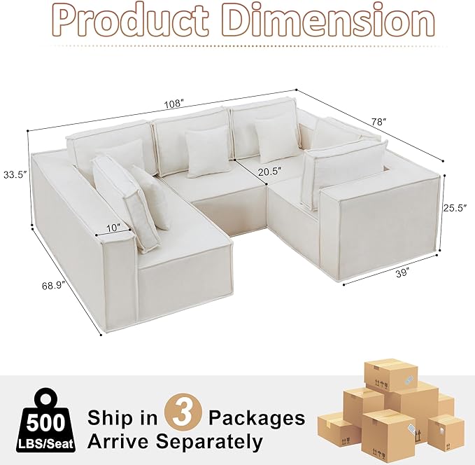 108'' Boneless Chenille U Shaped Couch, Oversized Modular Sectional 5 Seater Sofa, Modern Deep Seat Corner Cloud Compressed Couch, No Assembly Sleeper Sofa with Chaise for Living Room, Beige