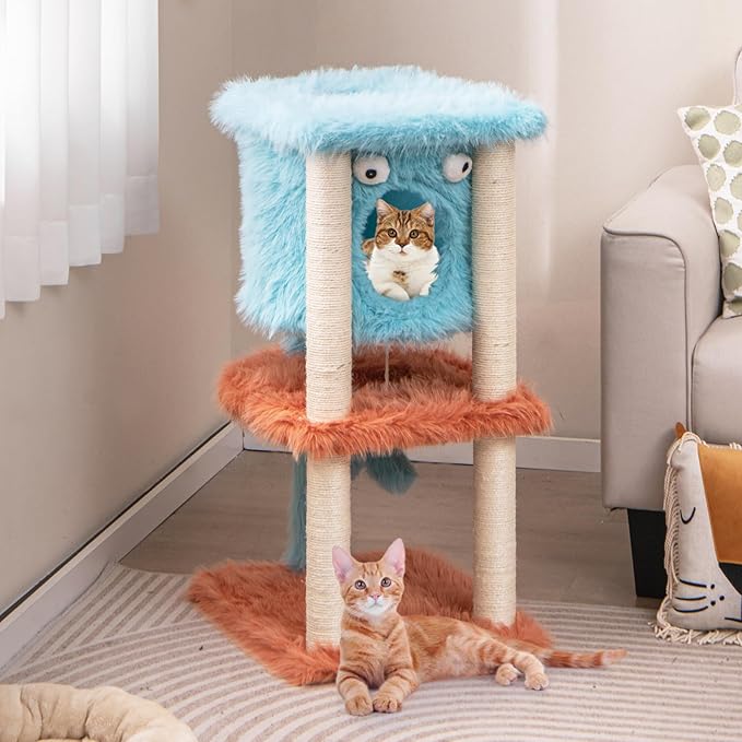Tangkula Monster-Themed Cat Tree, 3-Level Cat Tower Activity Center with Large Cat Condo, Sisal Scratching Posts & Hanging Toys, Long Plush Cute Cat Tree Tower for Indoor Cats (34 Inch)