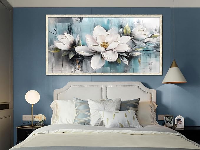 Ardemy Magnolia Wall Art Framed Large Canvas Wall Decor Living Room, White Floral Pictures Wall Decor Teal Paintings FlowerTextured Artwork for Bedroom Dining Room Home Office, 48"x24"
