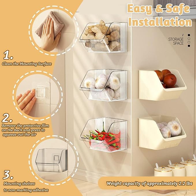 3 Pack Wall Mounted Storage Organizer Bins, Floating Shelves Fridge Organizer Storage Bins, Stackable Organizer Basket for Wall, Refrigerator, Kitchen, Bathroom, Countertops, Pantry (Clear)