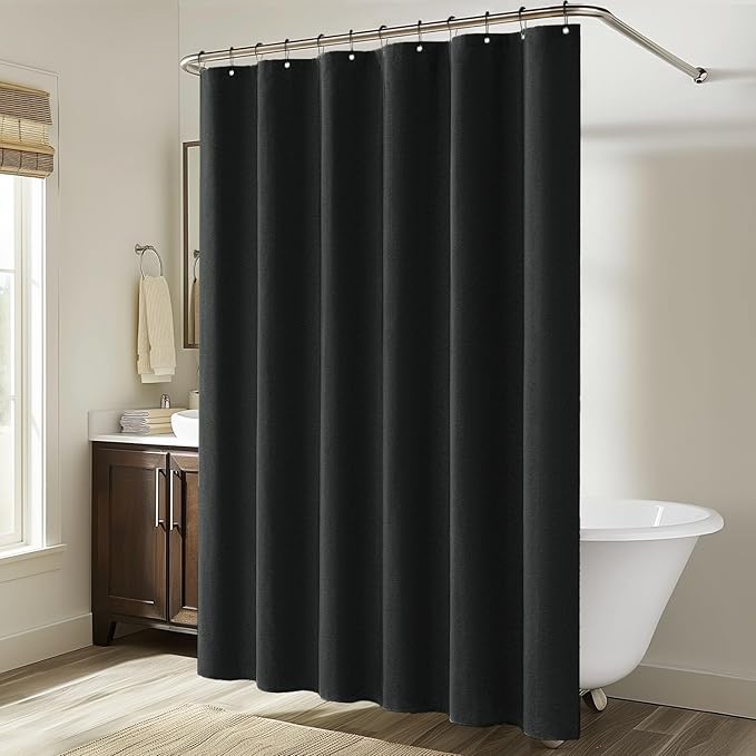 MIULEE Extra Long Linen Shower Curtain 90 Inches Long with 12 Metal Hooks Washable Fabric Curtain Set Waterproof Neutral Thick Cloth Shower Curtains for Bathroom Hotel Bathtub, Black