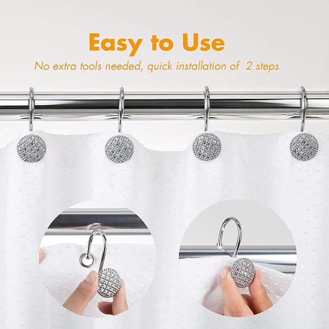 Pearlbee Chrome Shower Curtain Hooks, Silver Shower Curtain Rings Hooks, Rust Proof Shower Curtain Hooks, Bathroom Shower Hooks for Curtain, Metal Shower Hooks for Shower Curtain Rod