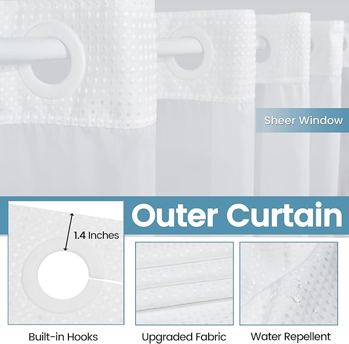 White No Hook Shower Curtain with Snap in Liner,230GSM Waffle Weave Shower Curtains for Bathroom,71W x 74H
