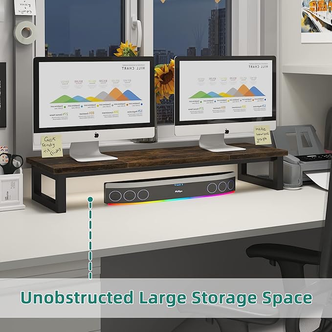 YAOHUOO Dual Monitor Stand Riser, 39Inch Large Monitor Stands for 2 Monitors, Computer Monitor Stand, Wooden Desktop Oraganizer Shelf for Office Desk Computer,Laptop,TV