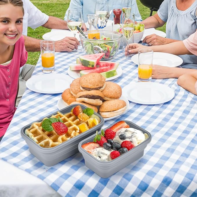 Collapsible Food Storage Containers with Lids, Silicone Meal Prep Containers BPA Free, Lunch Containers Collapsible Bowls Sets for Camping Storage Containers, Microwave Freezer Dishwasher Safe, Gray