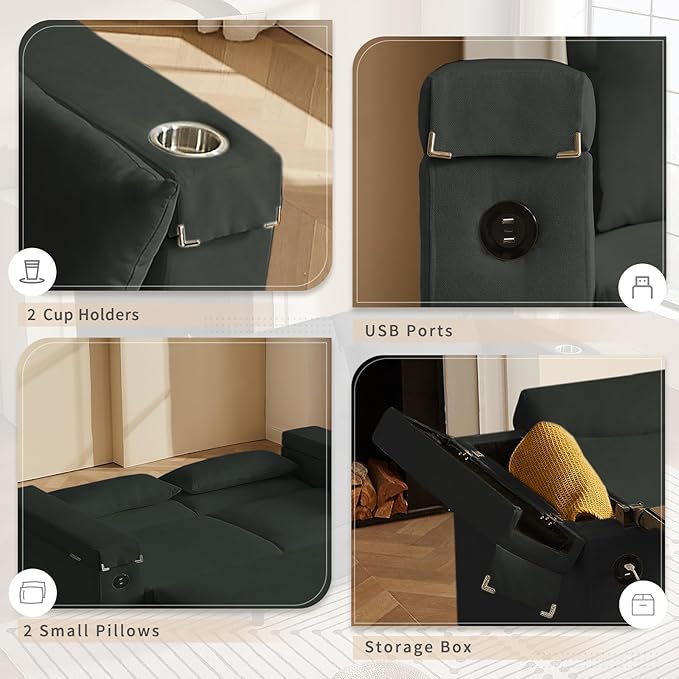 66" Multi-Functional Pull-Out Sofa Bed with Hidden Side Table, Storage Armrests, Built-in Charging Port, Spring Mattress, Solid Wood Frame – Ideal for Small Spaces, Easy Assembly