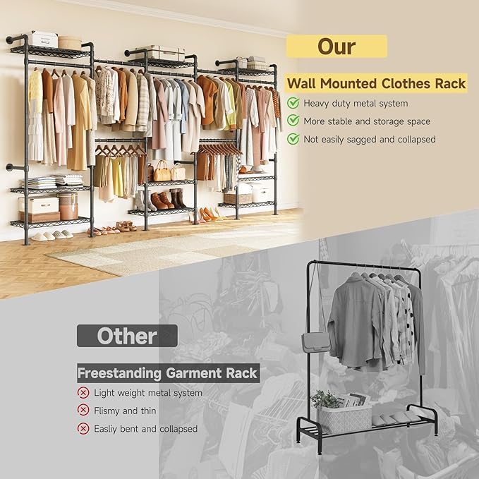 U5 Wall Mounted Closet System, Industrial Pipe Clothing Rack Garment Racks for Hanging Clothes, Heavy Duty Closet Organizers System in Wardrobe Closet, Black