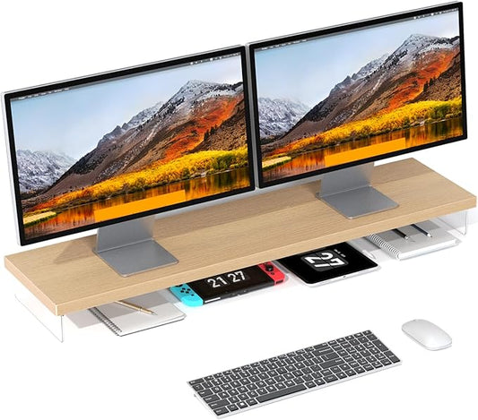 Dual Monitor Stand Riser, 40" Large Computer Monitor Stands for 2 Monitors, Wooden Desktop Organizer Shelf for Office Desk Computer, Laptop, TV, Monitor, Printer