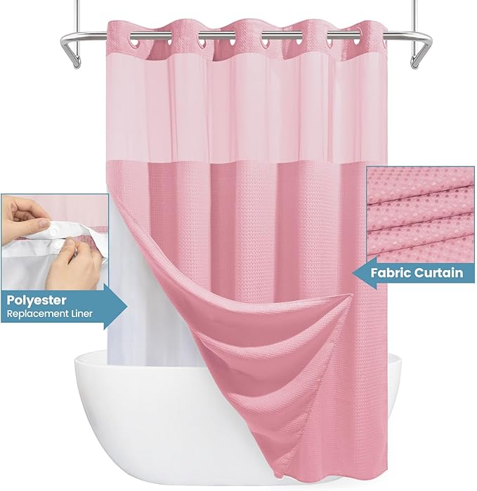 Pink Shower Curtain with Liner - 230GSM Waffle Textured Heavy Duty Shower Curtains for Bathroom,71W x 74H