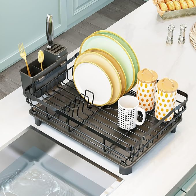 GAXmi Dish Drying Rack Over The Sink Drainer with Drainboard Utensil Holder, 1-Tier Black