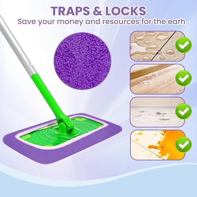 6 Pack Reusable Microfiber Mop Pads - Compatible with Sweeper, Reusable Mop Pads, Washable Dry Cloths & Wet Pads Refill for Hardwood Laminate Tile Floor Cleaning (Purple, M)