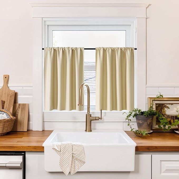RYB HOME 100% Blackout Bathroom Curtains Over Sink 30 inches Long, Heat & UV Blocking Total Room Darkening Noise Reducing Curtains for Basement RV Campers, Biscotti Beige, 2 Panels Set