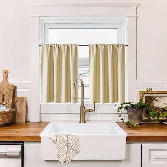 RYB HOME 100% Blackout Bathroom Curtains Over Sink 30 inches Long, Heat & UV Blocking Total Room Darkening Noise Reducing Curtains for Basement RV Campers, Biscotti Beige, 2 Panels Set