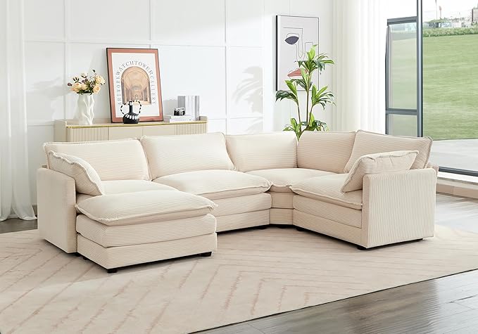 ROWHY 113'' Modular Sectional Cloud Couch, 5 Seater Corner Sofa Big Comfy Corduroy Oversized L Shaped Couch with 2 Pillows, Chaise, Ottoman, Deep Seat Sectional Couches for Living Room Office, Beige