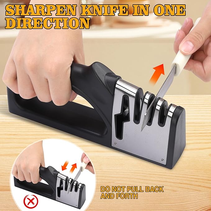 4-in-1Manual Knife Sharpener Suitable for kitchen knives, fruit knives, steel knives, scissors, and 3-level precision sharpening.Non slip base, suitable for home use (black)