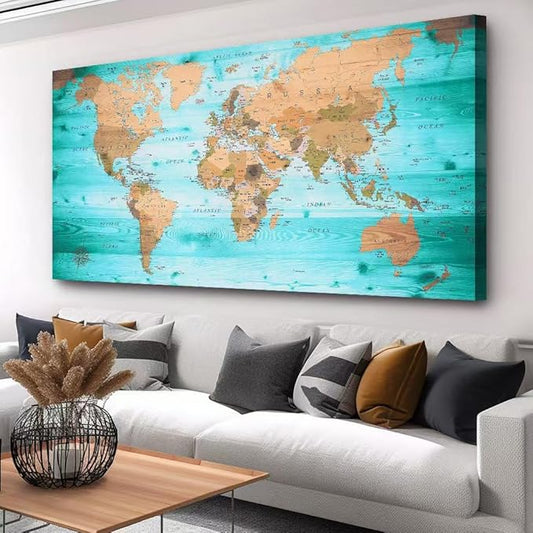 Large Wall Art Blue map of The World Painting Ready to Hang 29"x58"Large Framed Wall Art World Map Canvas Map Decorations Artwork Prints