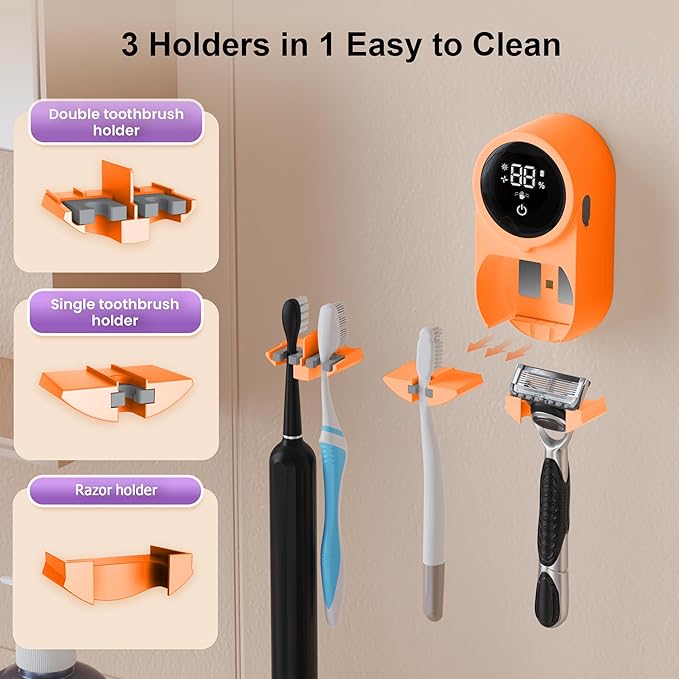Toothbrush Holder and Cleaner Razor Holder/Dryer Light Cleaning and Air Drying Automatic Ratating Cover Rechargeable Wall Mounted for Bathroom Portable for Trip